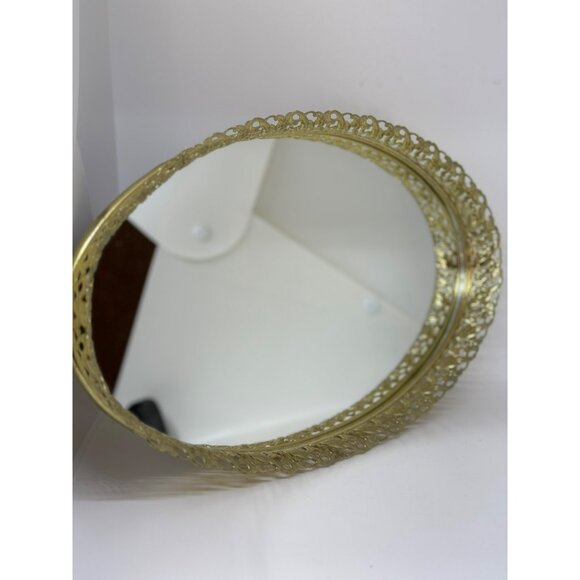VTG Ornate Gold Mirrored Dresser Tray Oval Vanity Accent Gold Filigree - Picture 6 of 7